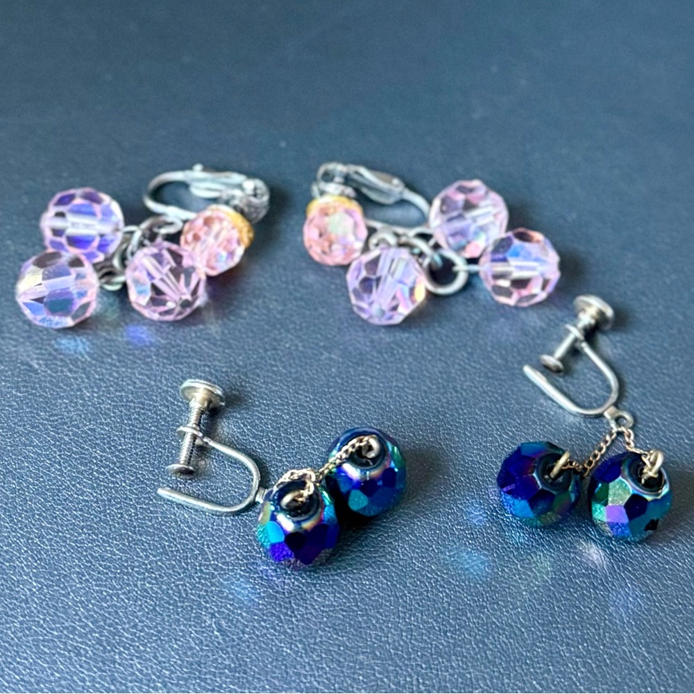 2 Pairs vtg Faceted Glass Earrings